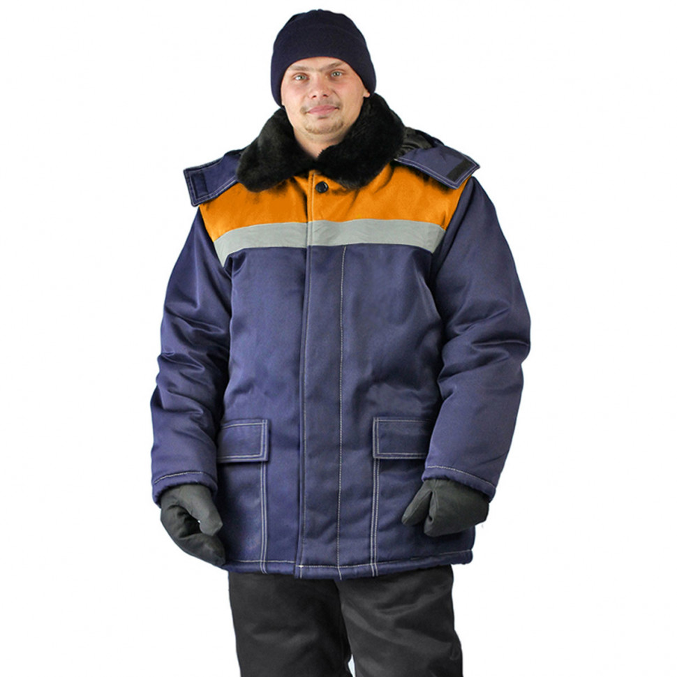 Теплая Зимняя Куртка «УРАЛ» Для Рабочих (Темно-Синяя/Оранжевый)