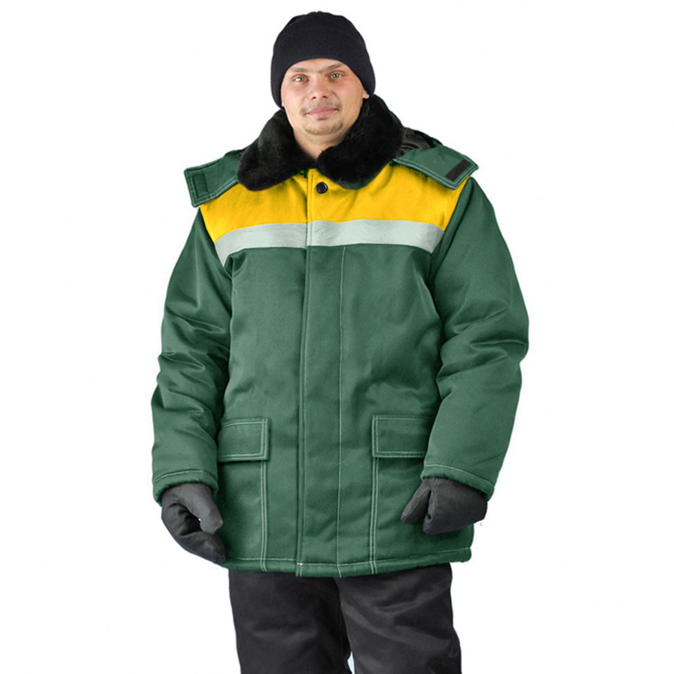 Теплая Зимняя Куртка «УРАЛ» Для Рабочих (Темно-Зеленая/Желтая)
