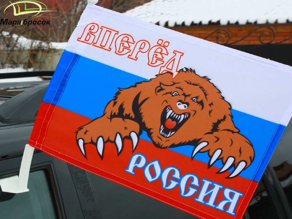 Флажок автомобильный Российской Федерации с надписью "ВПЕРЕД, РОССИЯ"  с кронштейном