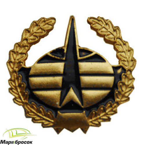 Эмблема петличная Космические войска в венке золотистая с черной эмалью