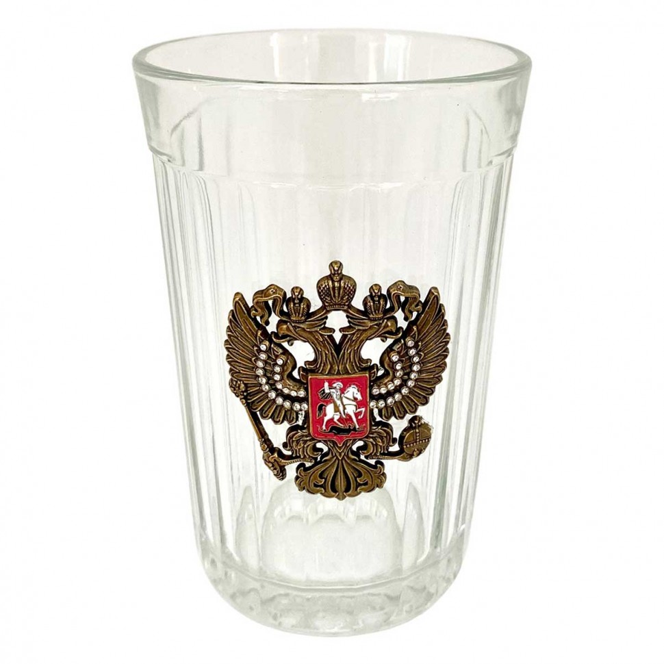 Стакан граненый «РОССИЯ» с металлическим гербом РФ (250 мл)